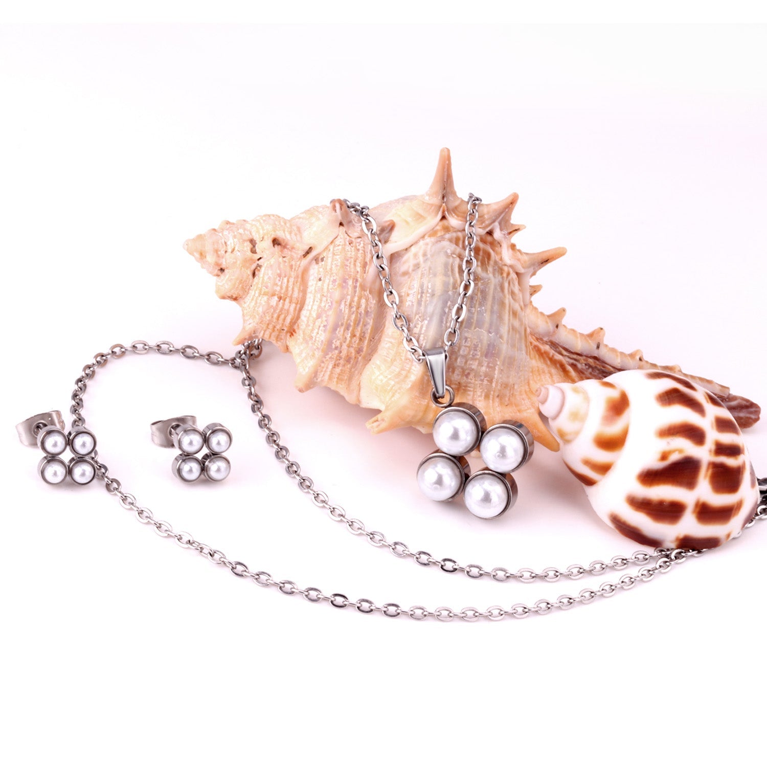 Steel/golden four-flower white pearl+diamond jewelry set asonjewelry