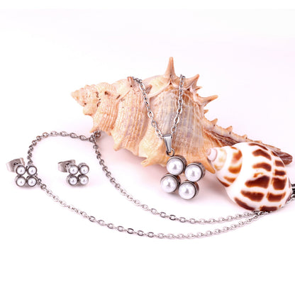 Steel/golden four-flower white pearl+diamond jewelry set asonjewelry