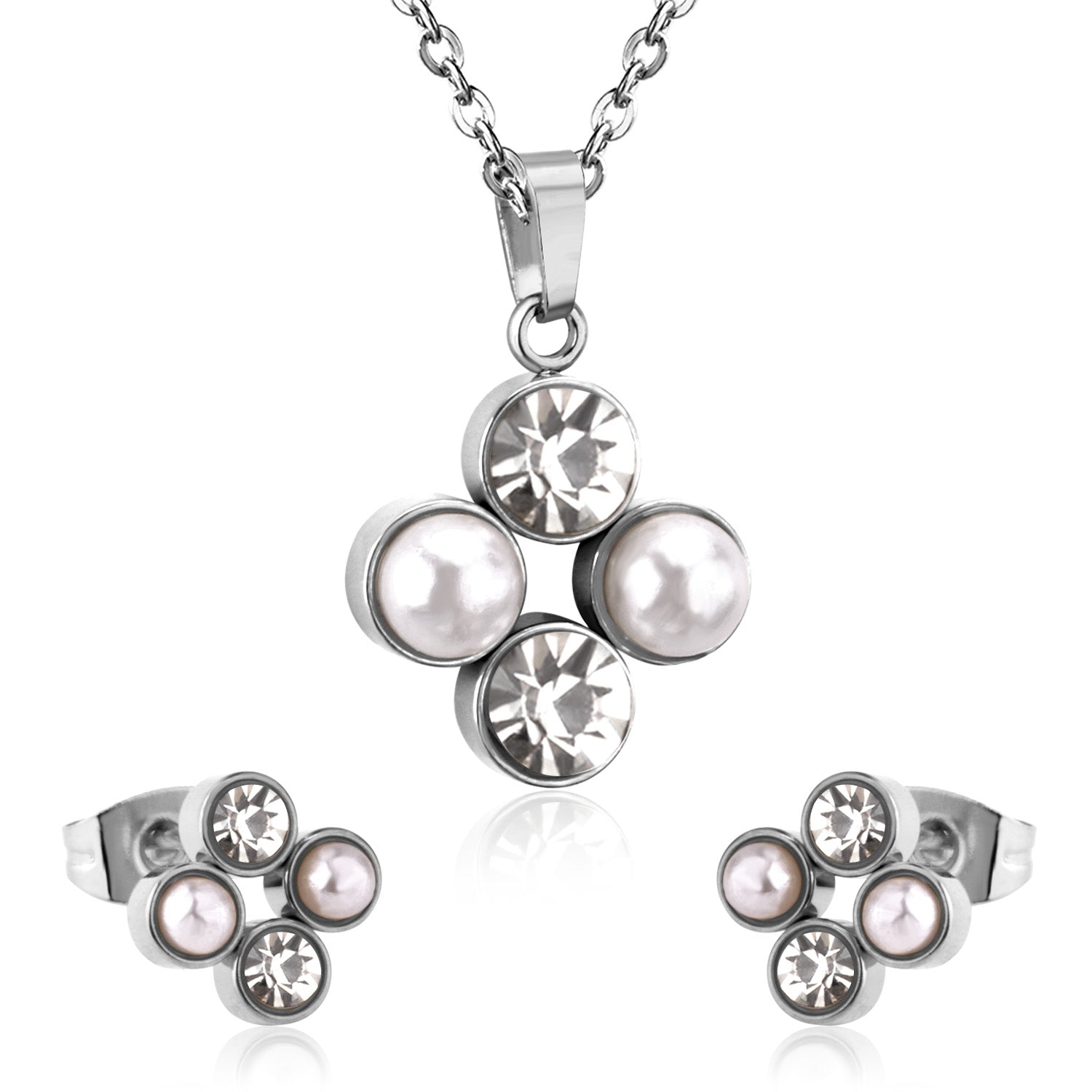 Steel/golden four-flower white pearl+diamond jewelry set asonjewelry