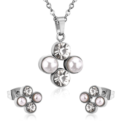 Steel/golden four-flower white pearl+diamond jewelry set asonjewelry