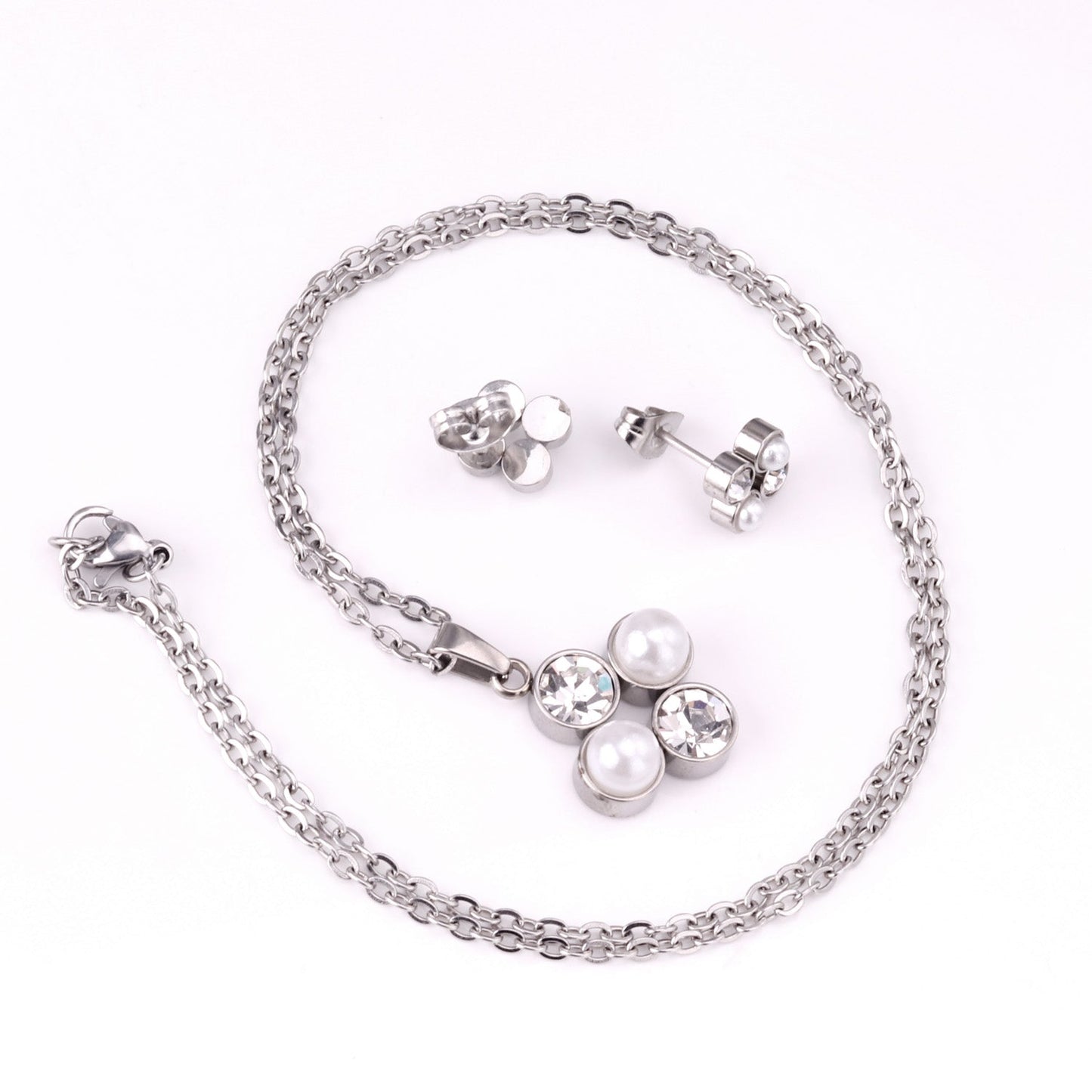 Steel/golden four-flower white pearl+diamond jewelry set asonjewelry