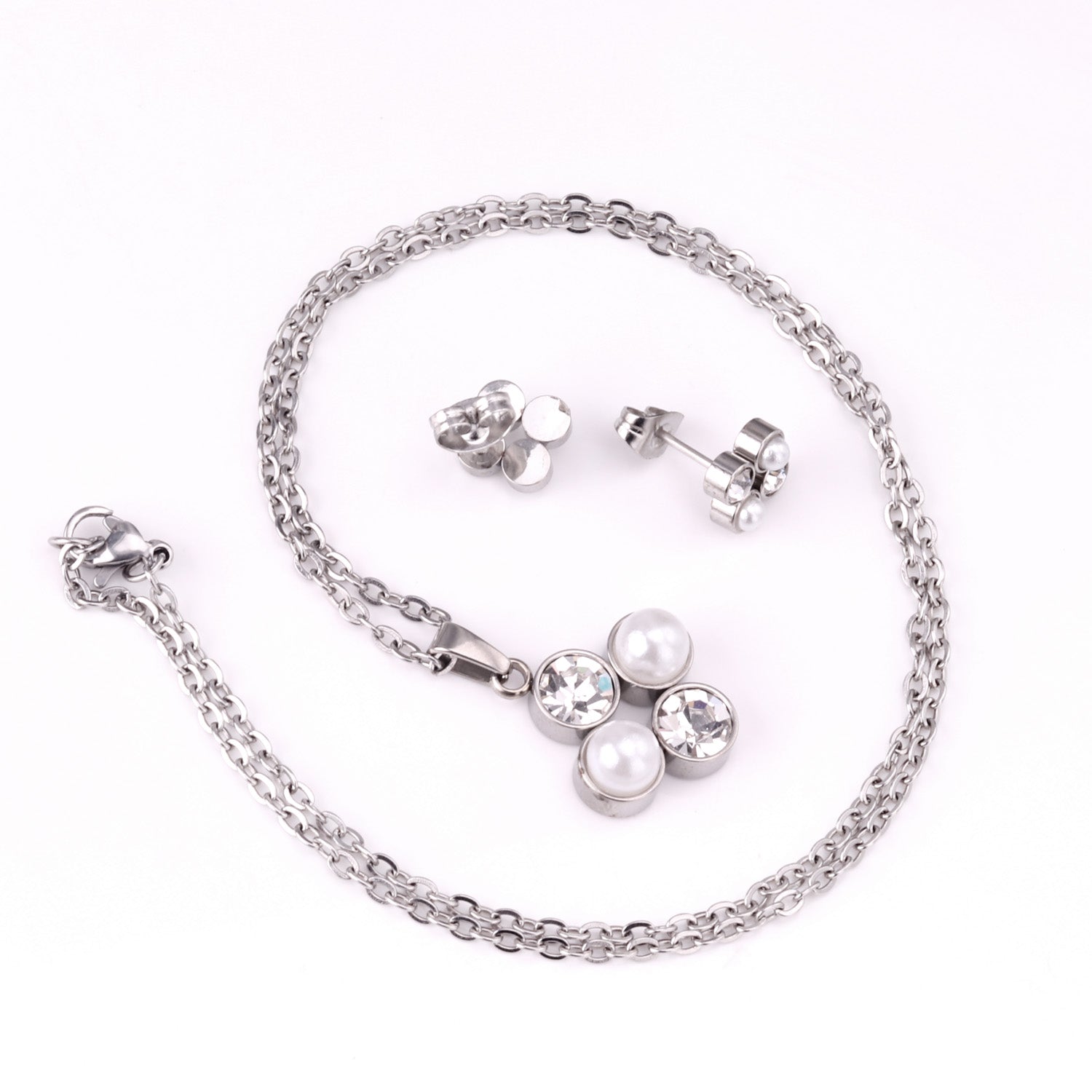 Steel/golden four-flower white pearl+diamond jewelry set asonjewelry