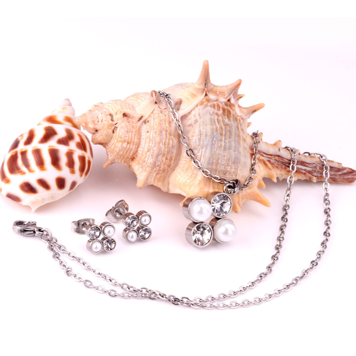 Steel/golden four-flower white pearl+diamond jewelry set asonjewelry