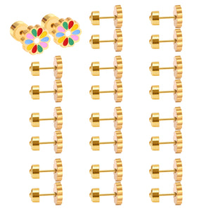 12 pairs 9mm Steel/Golden Flower Colorful/Dark Red Pat Plug Earrings