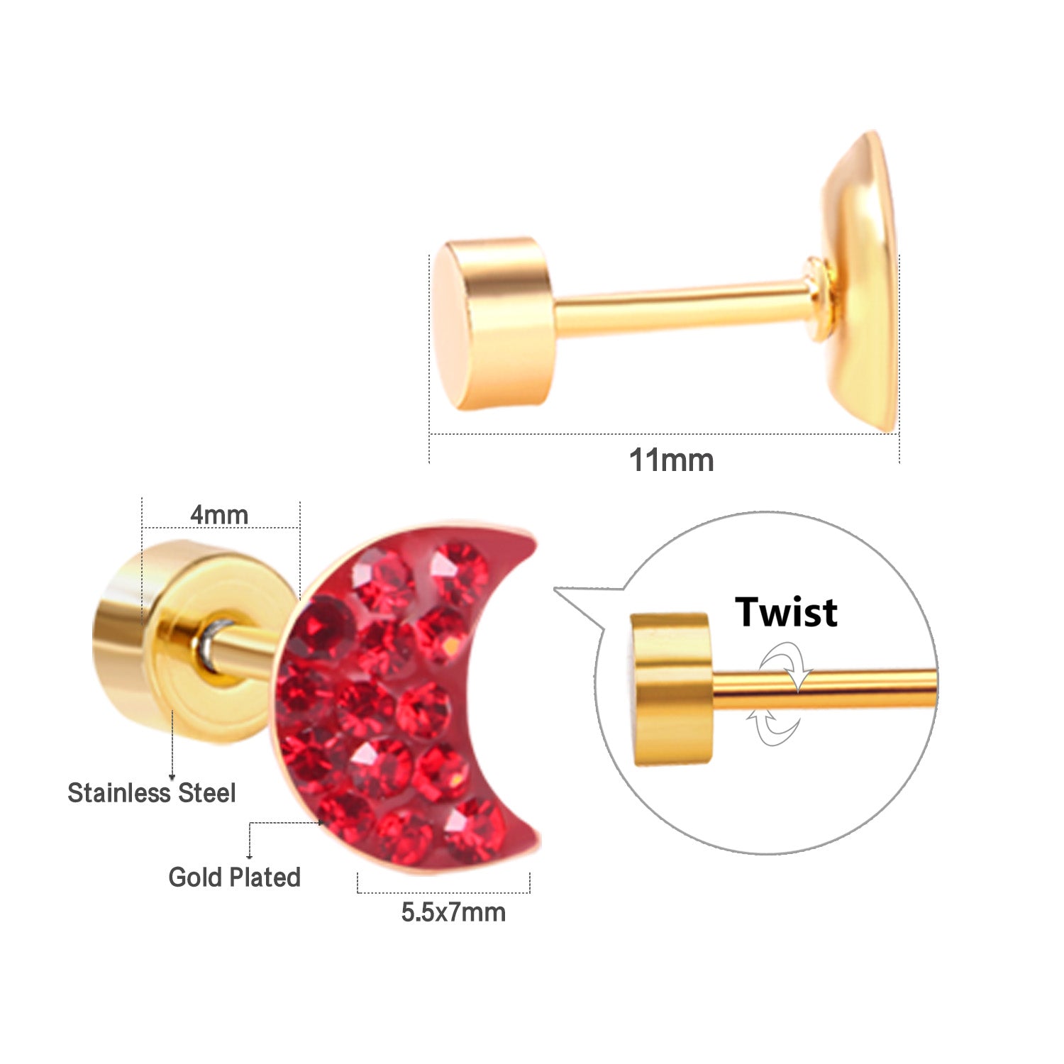 12 pairs steel/golden moon shaped ombre screwback stud earrings asonjewelry