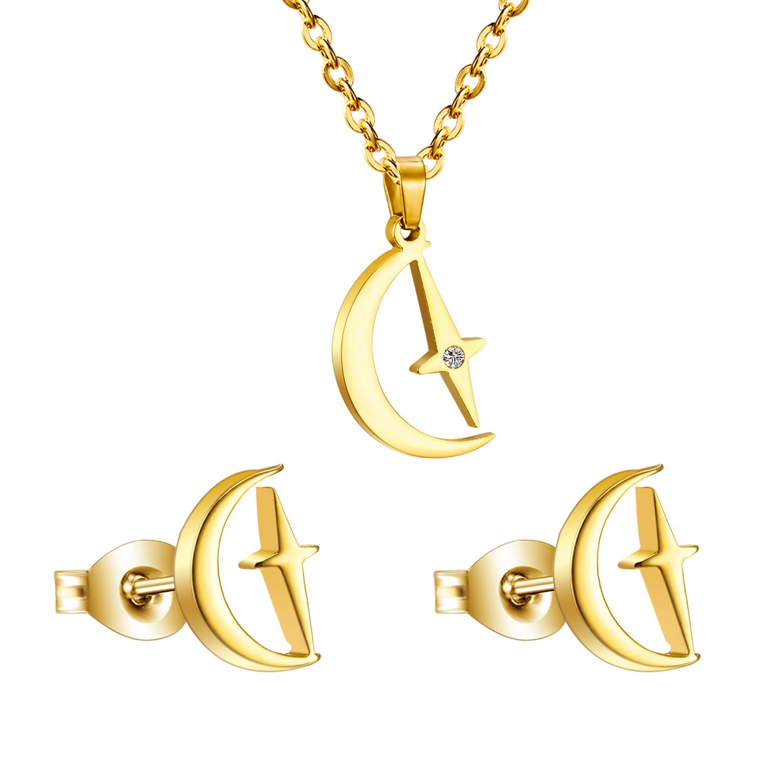 Gold/steel moon and stars at the same time cut jewelry set with diamonds asonjewelry