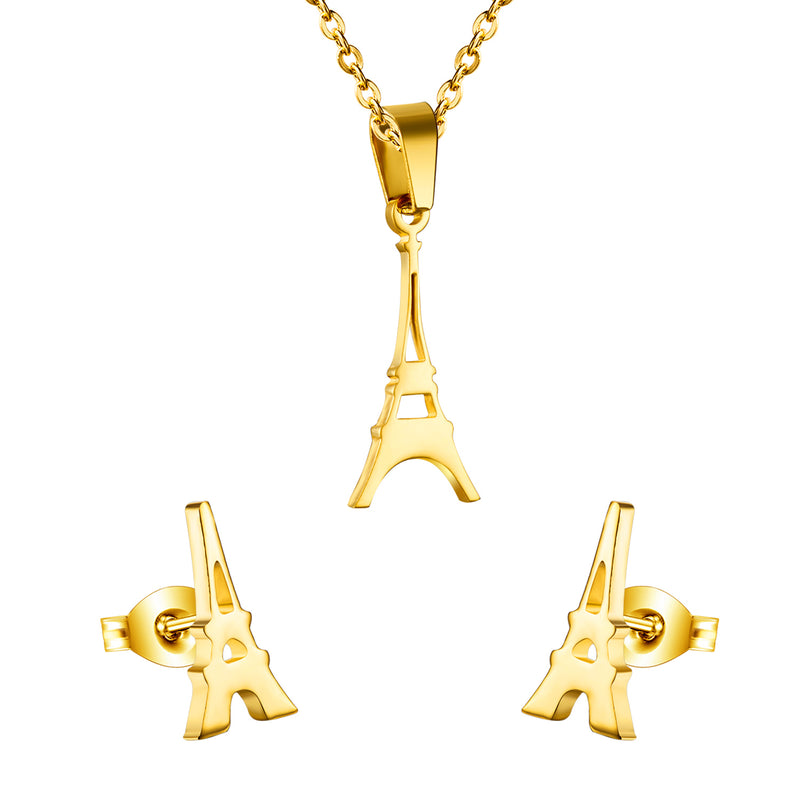 Gold/steel a small tower like pendant cut jewelry set without diamonds