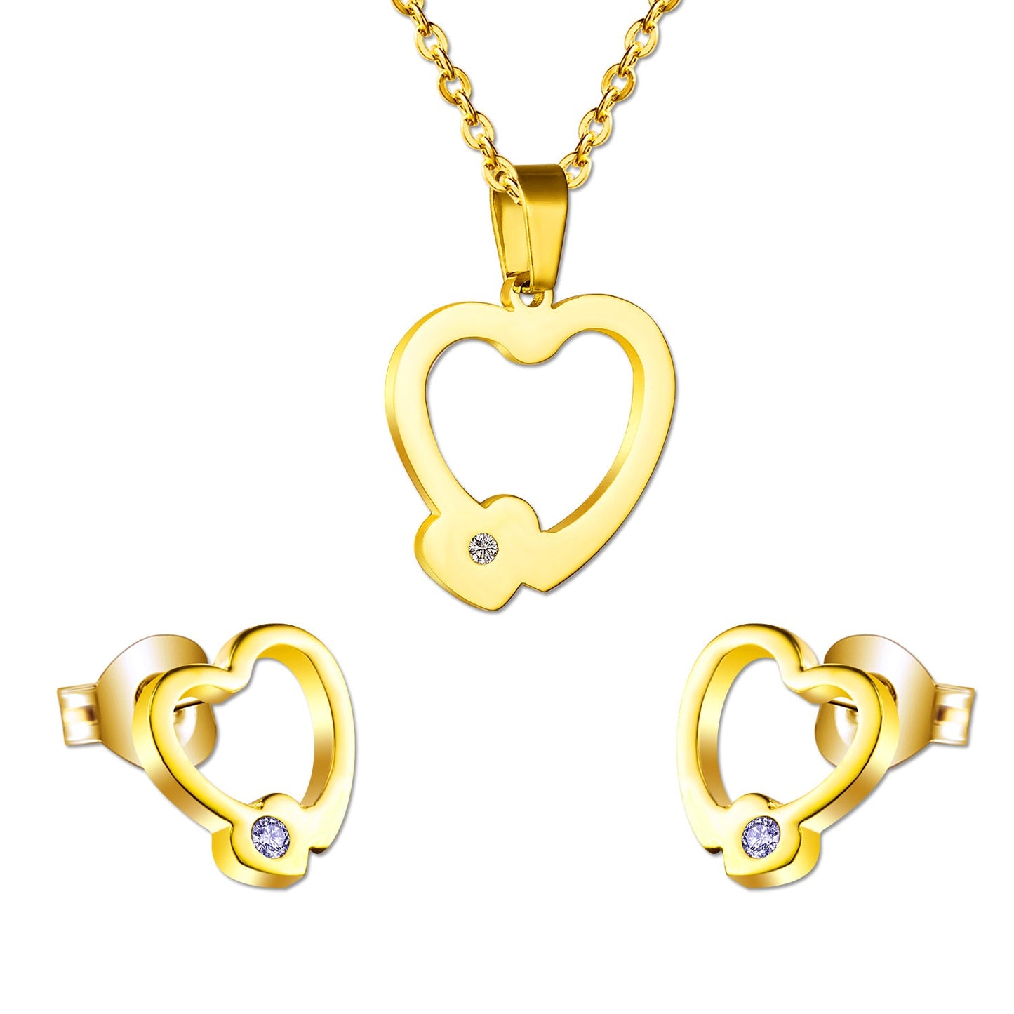 Set of cut jewelry in the shape of a heart x 2 + a small heart with diamonds on the upper door in gold/steel-colored wisps with a glossy finish asonjewelry
