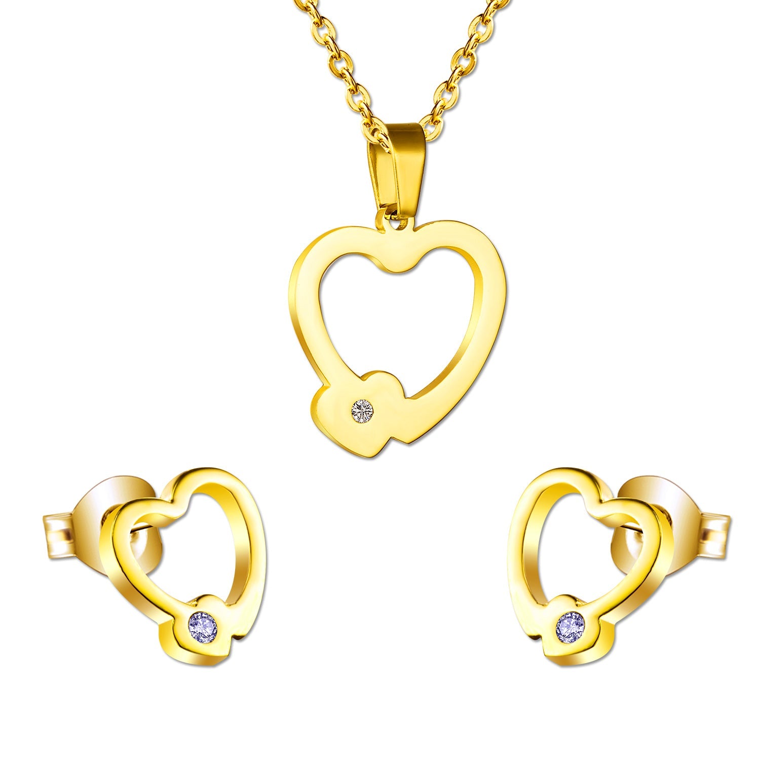 Set of cut jewelry in the shape of a heart x 2 + a small heart with diamonds on the upper door in gold/steel-colored wisps with a glossy finish asonjewelry