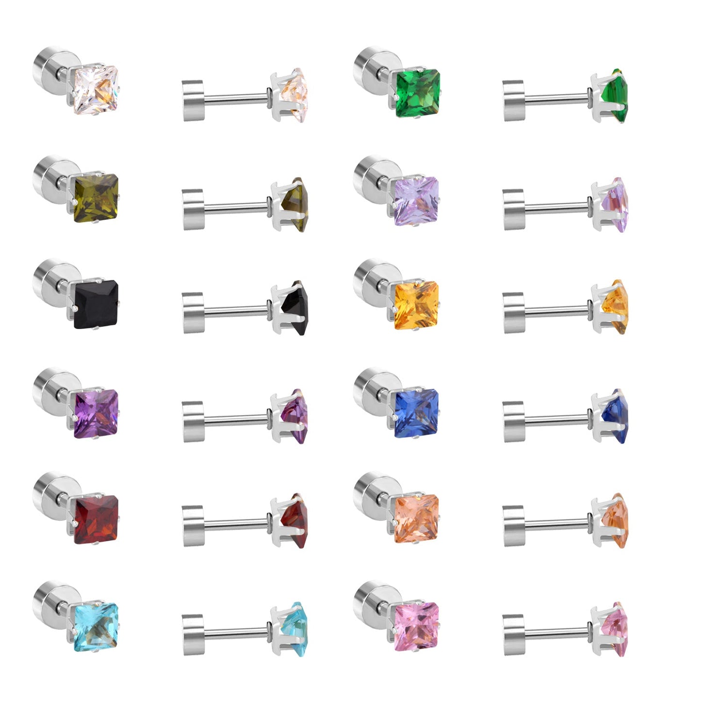 3mm~7mm Steel/Gold/Mixed color square white diamond screw plugs asonjewelry