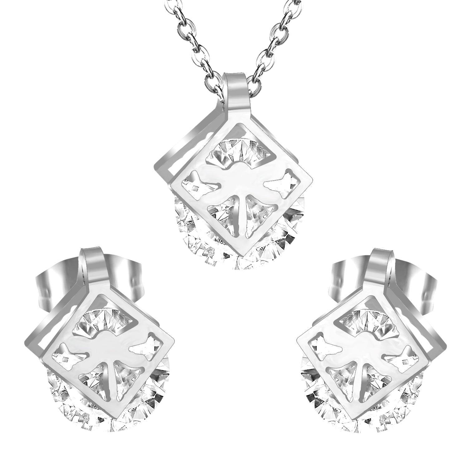 Gold/steel set with zirconia + two wispy dragonfly shapes wrapped in squares asonjewelry