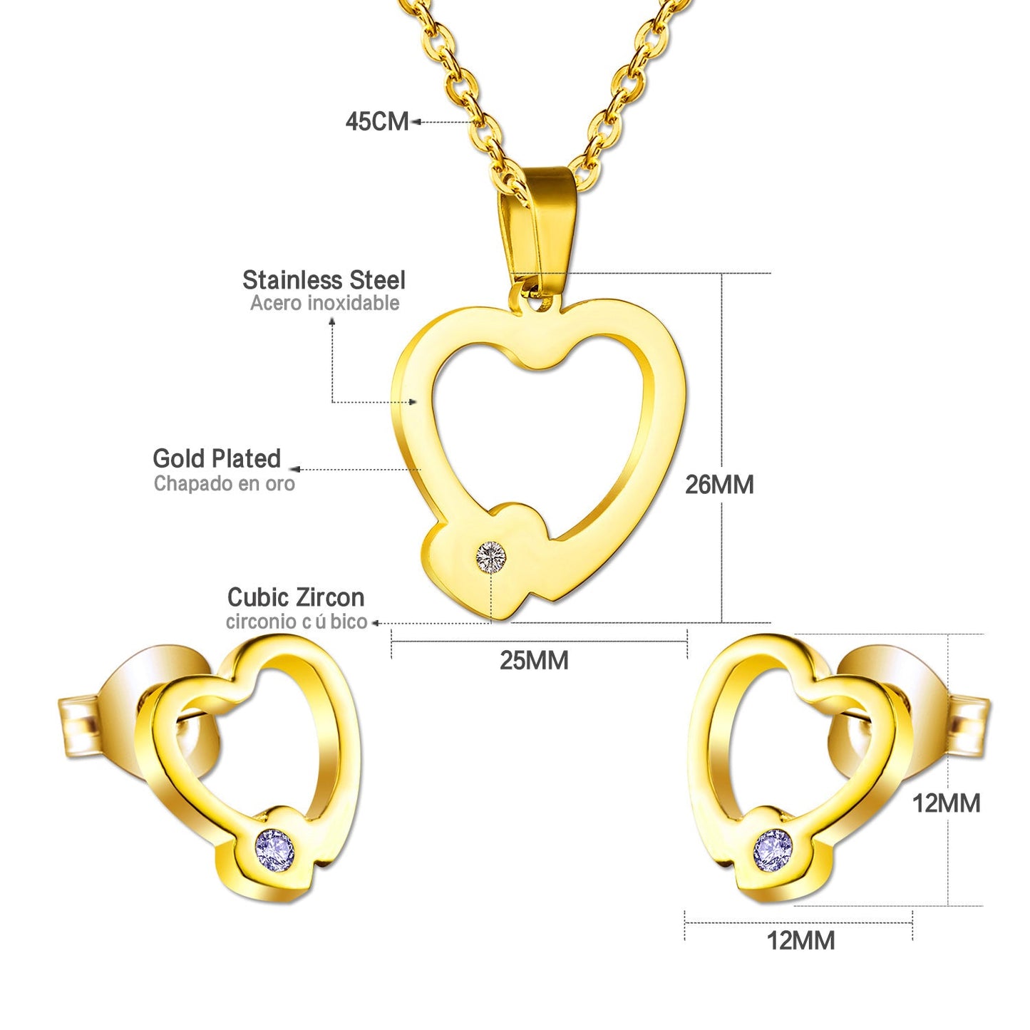 Set of cut jewelry in the shape of a heart x 2 + a small heart with diamonds on the upper door in gold/steel-colored wisps with a glossy finish asonjewelry