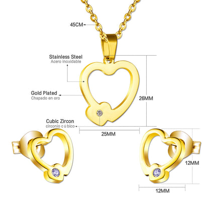 Set of cut jewelry in the shape of a heart x 2 + a small heart with diamonds on the upper door in gold/steel-colored wisps with a glossy finish asonjewelry