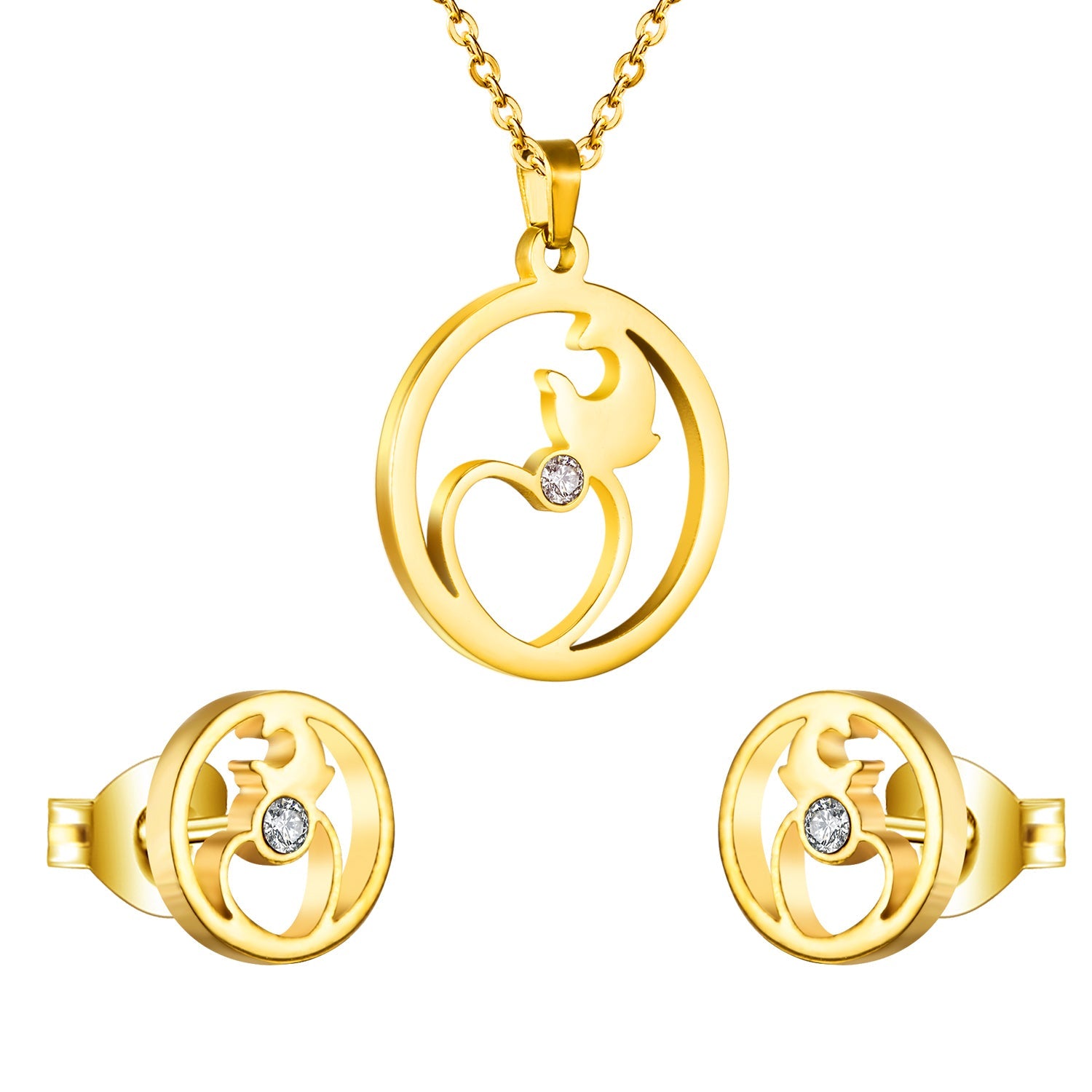 Gold/steel moon and heart connected in wisp cut jewelry set + diamonds asonjewelry