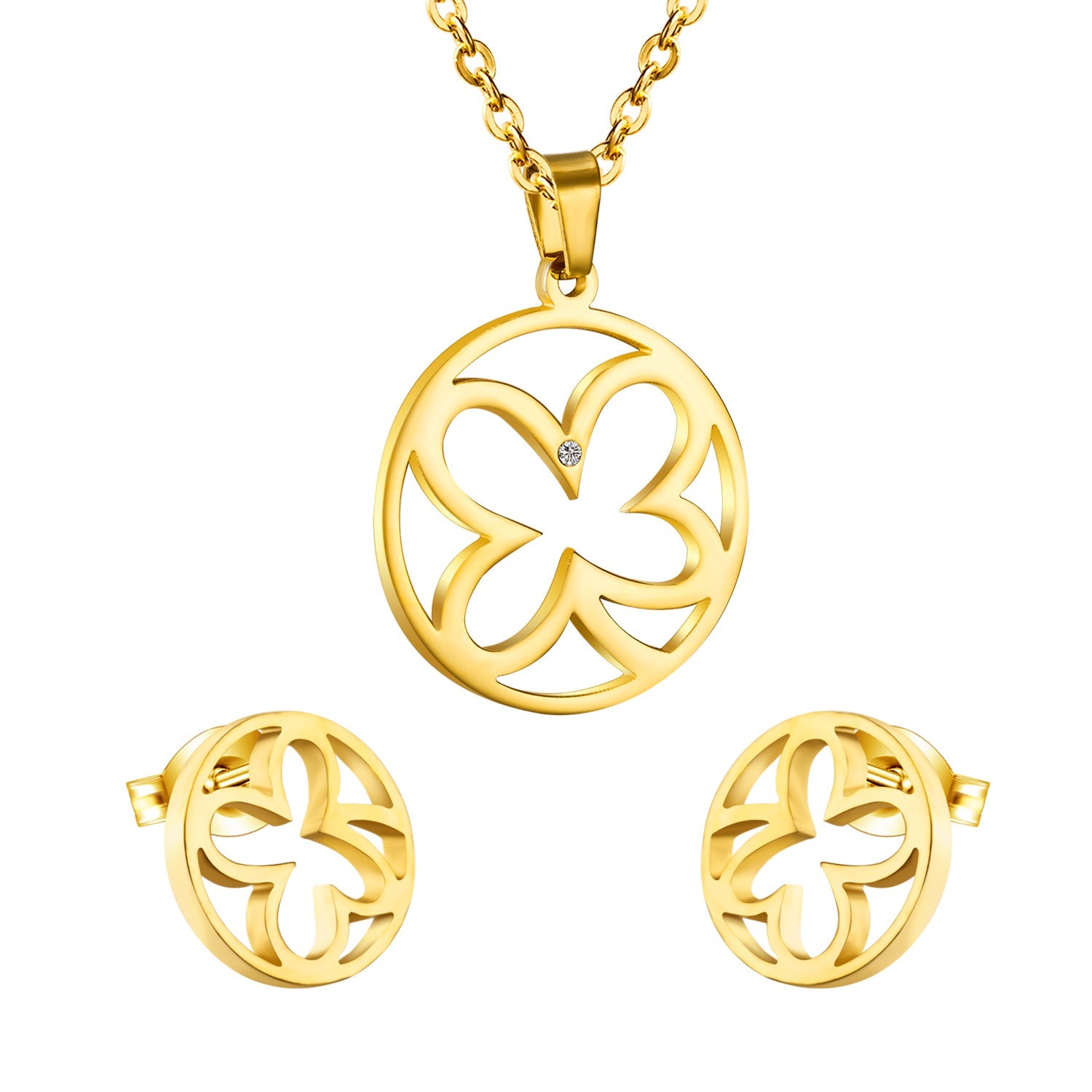 Gold/steel jewelry set with diamonds in a hollow design that expresses the vitality of flowers. asonjewelry