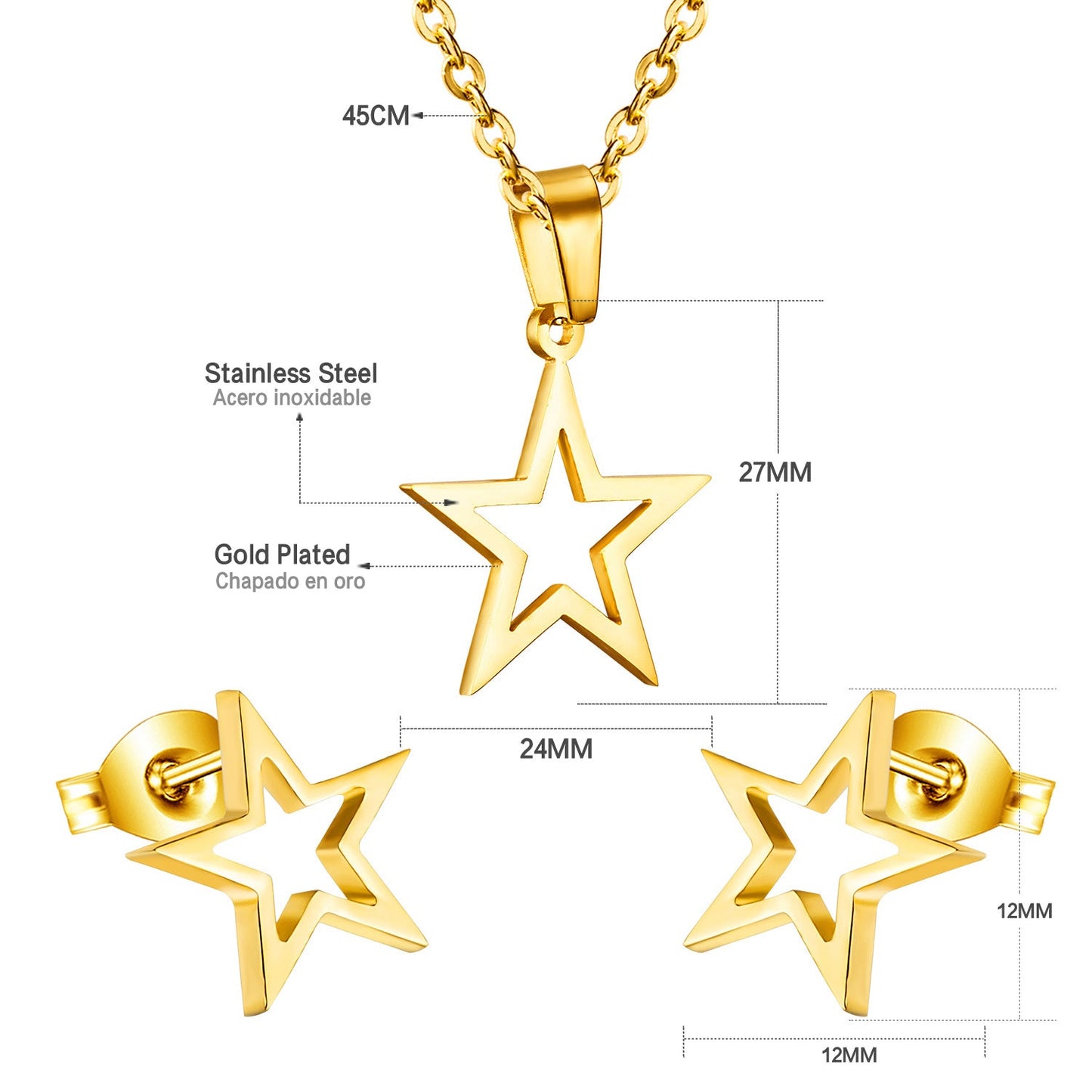 Gold/Steel Pentagram Wisps Cut Jewelry Set without Diamonds asonjewelry