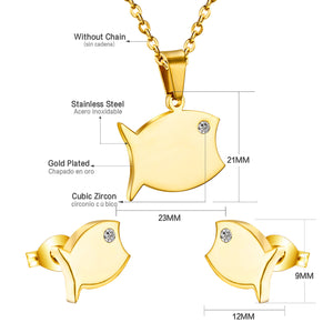 Gold/steel color cut jewelry set of a big glossy fish with diamonds for eyes