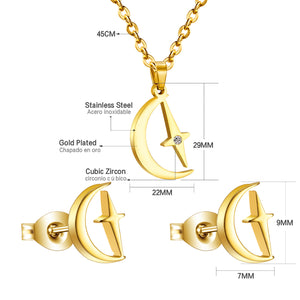 Gold/steel moon and stars at the same time cut jewelry set with diamonds