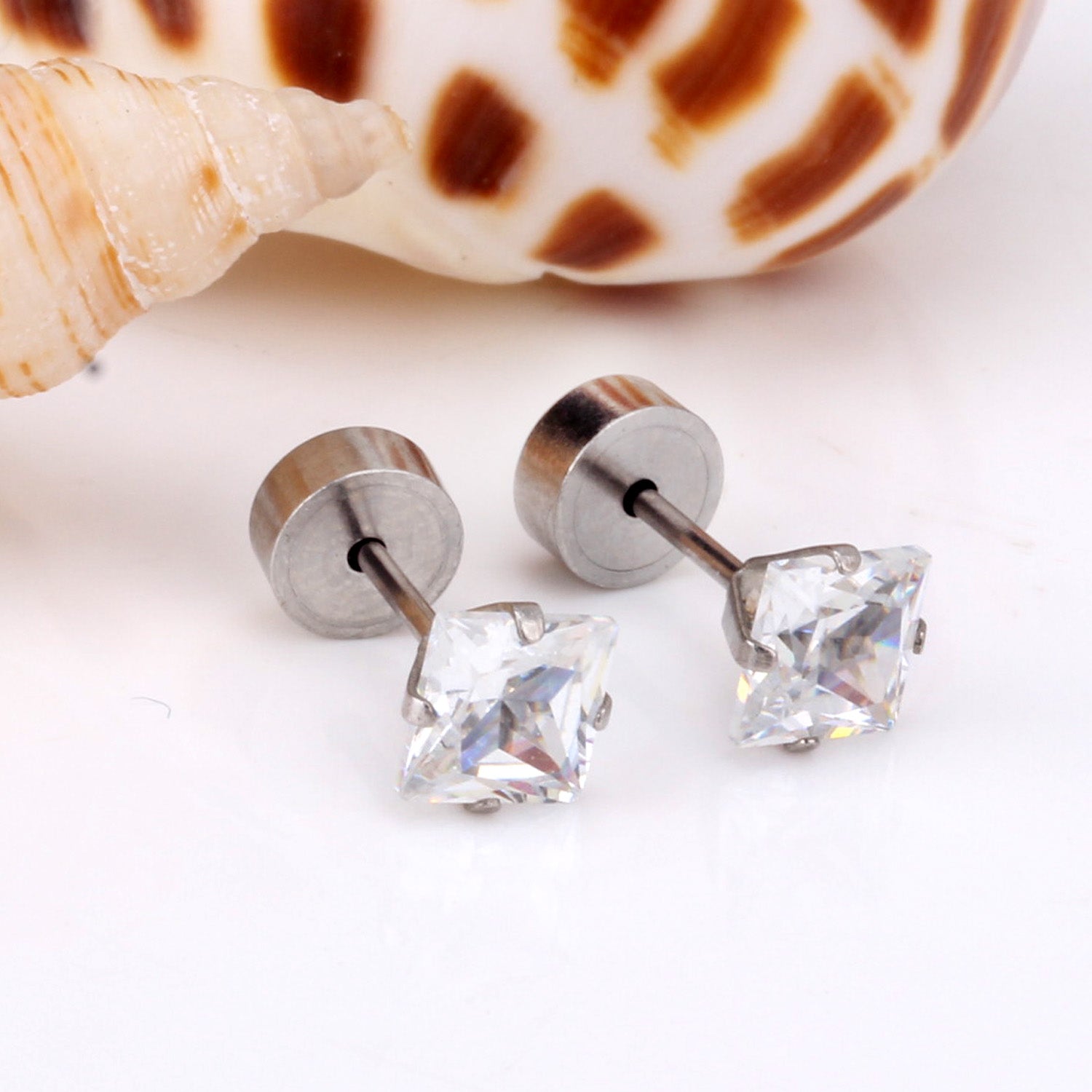3mm - 5mm Steel Color Square Diamond Tap Plug Earrings asonjewelry