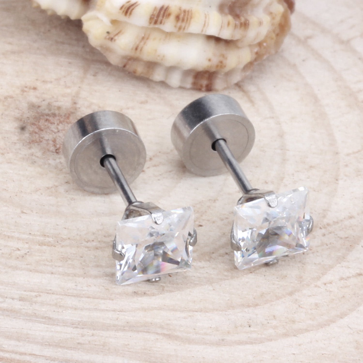 3mm - 5mm Steel Color Square Diamond Tap Plug Earrings asonjewelry