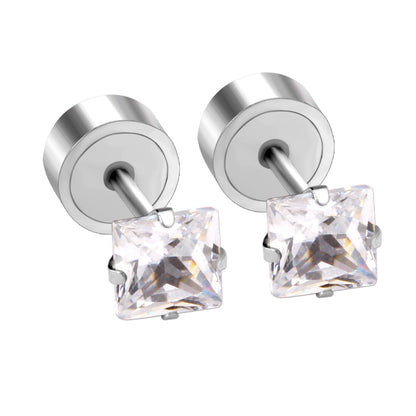 3mm - 5mm Steel Color Square Diamond Tap Plug Earrings asonjewelry