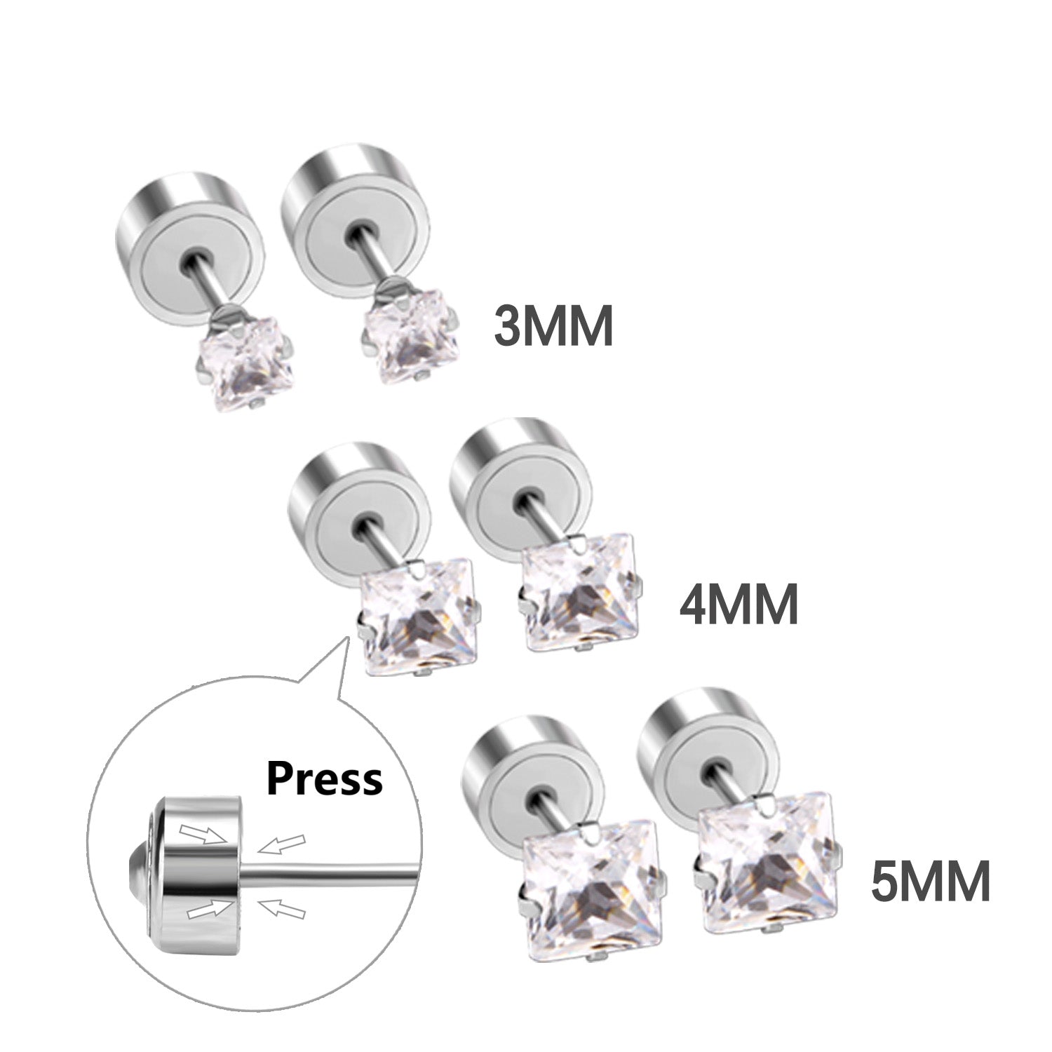 3mm - 5mm Steel Color Square Diamond Tap Plug Earrings asonjewelry