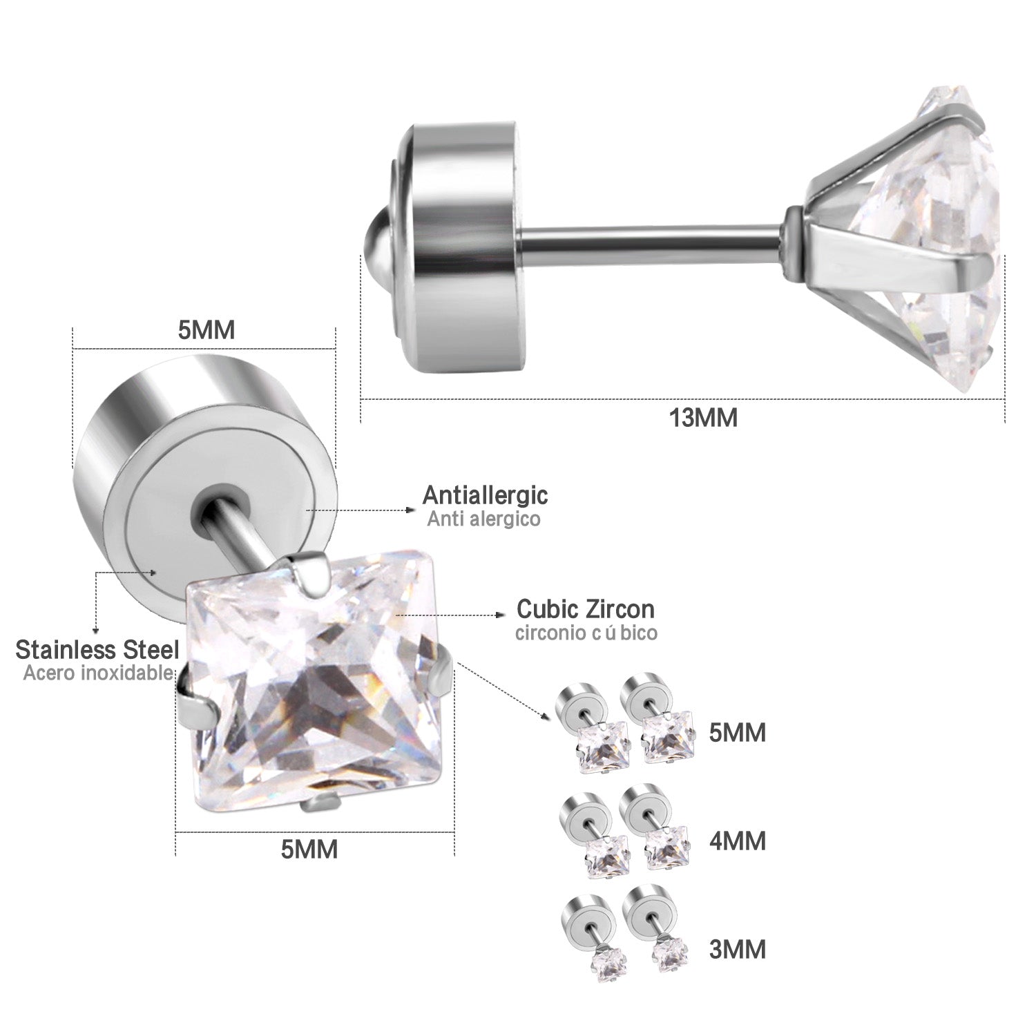 3mm - 5mm Steel Color Square Diamond Tap Plug Earrings asonjewelry