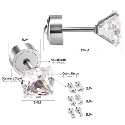 3mm - 5mm Steel Color Square Diamond Tap Plug Earrings asonjewelry