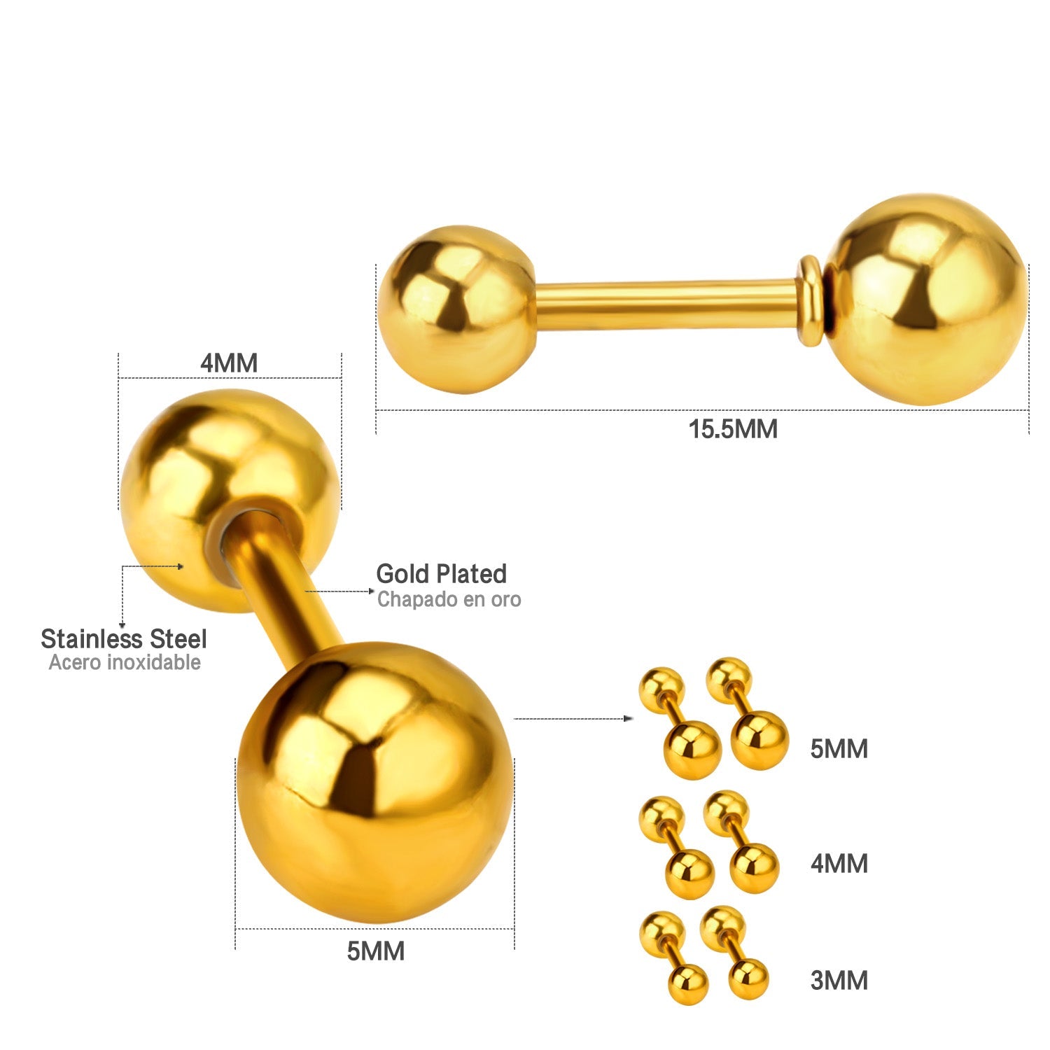 3mm - 7mm 12pc Gold Color Steel Color Steel Bead Screwback Stud Earrings asonjewelry