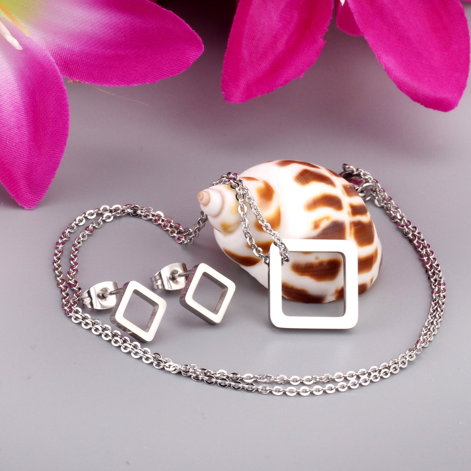 Gold/Steel Minimalist Glossy Wisp Square Jewelry Set asonjewelry