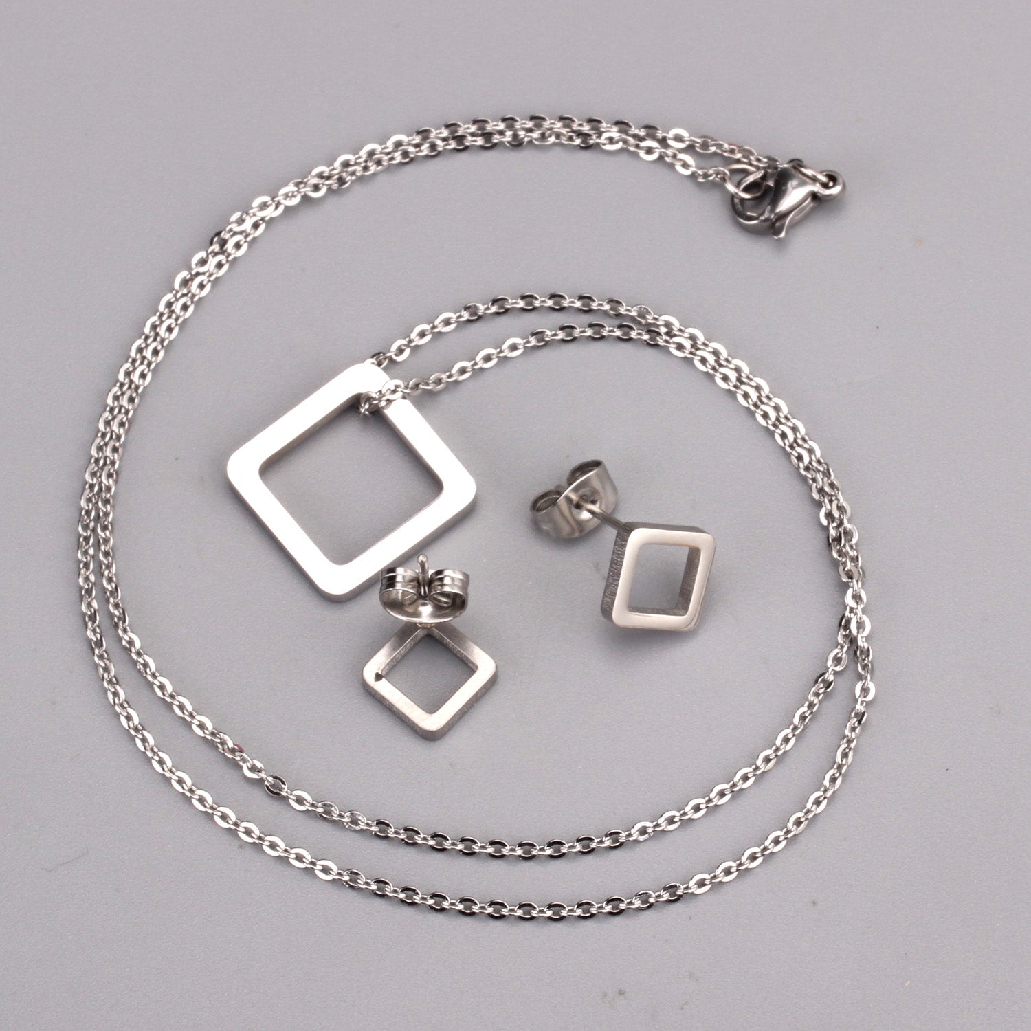 Gold/Steel Minimalist Glossy Wisp Square Jewelry Set asonjewelry