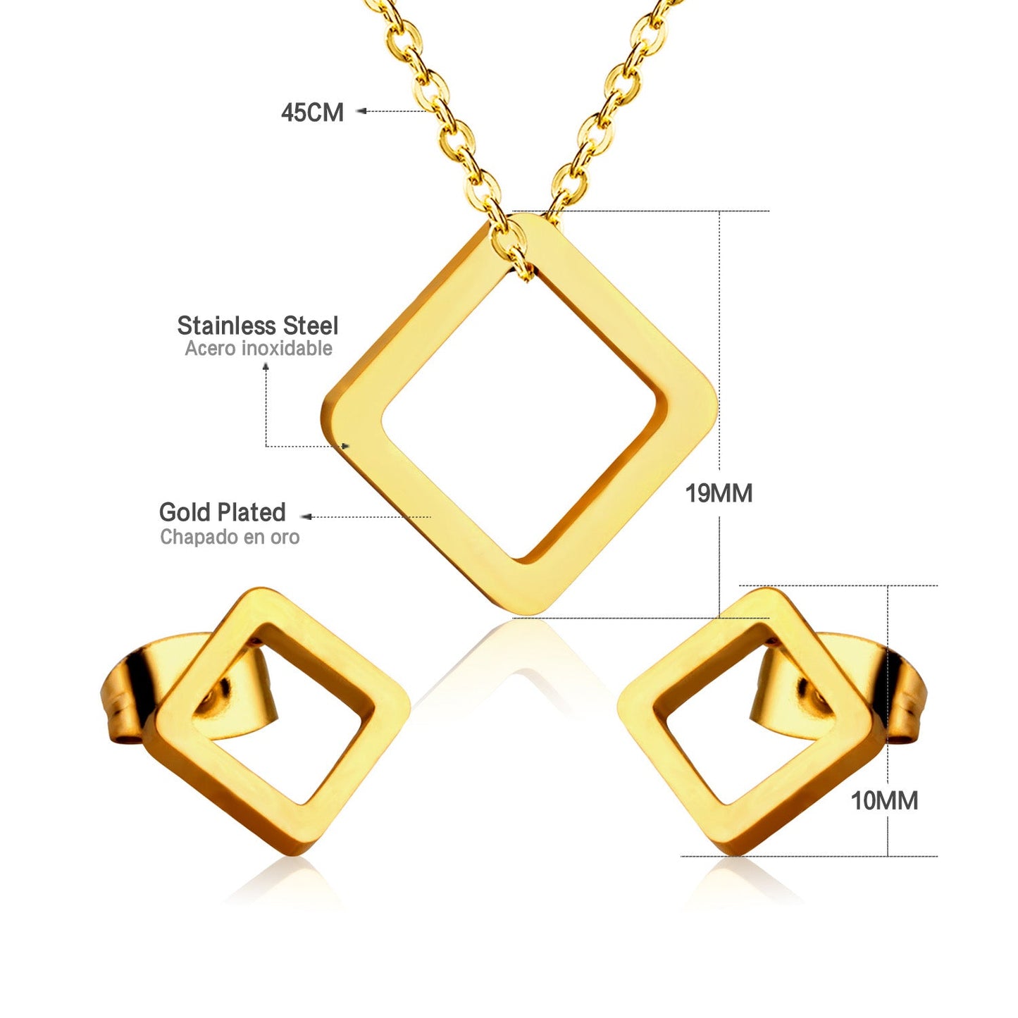 Gold/Steel Minimalist Glossy Wisp Square Jewelry Set asonjewelry