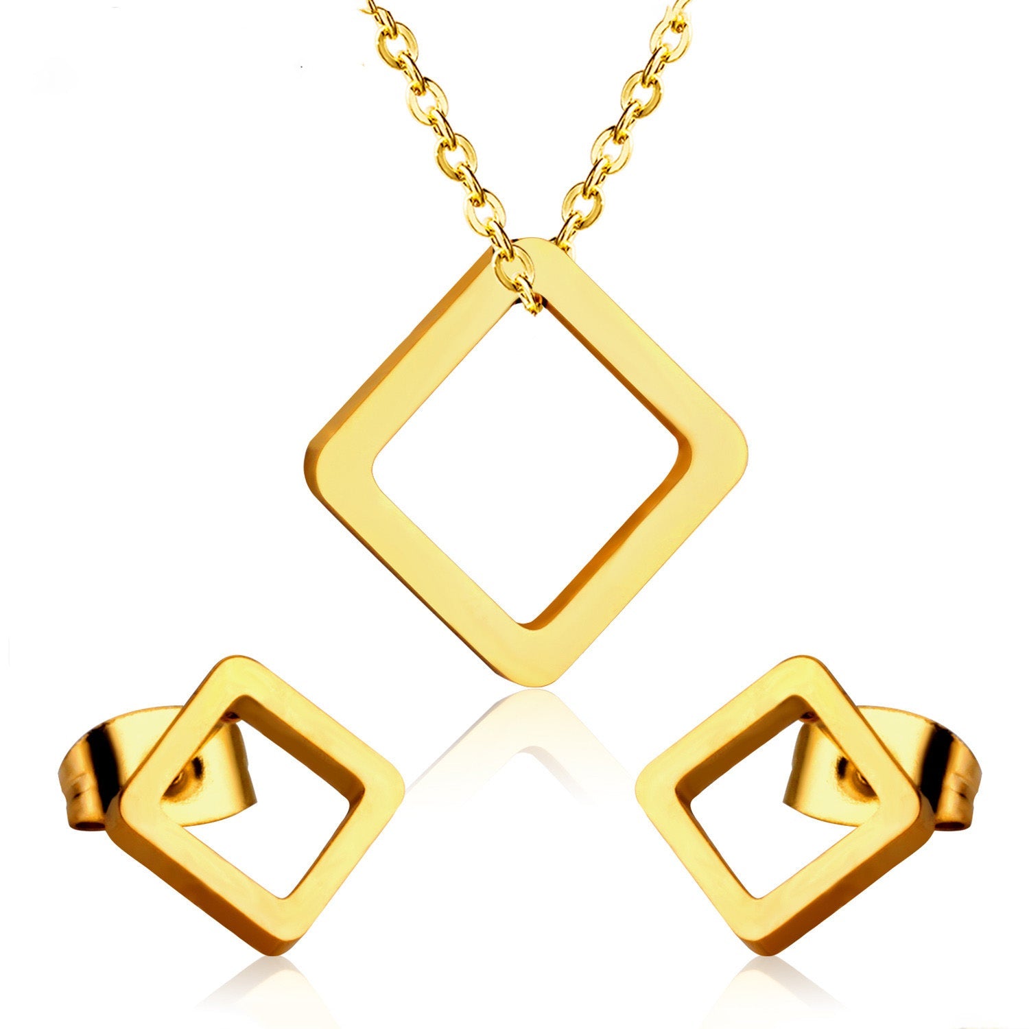 Gold/Steel Minimalist Glossy Wisp Square Jewelry Set asonjewelry