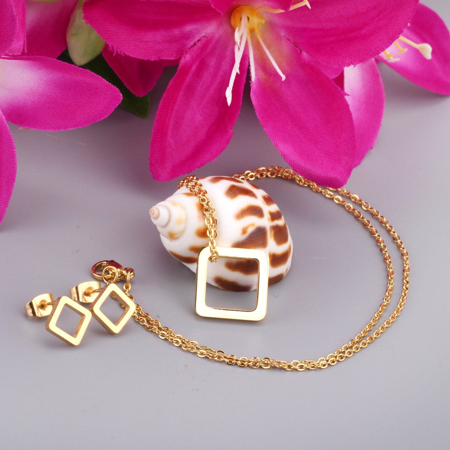 Gold/Steel Minimalist Glossy Wisp Square Jewelry Set asonjewelry