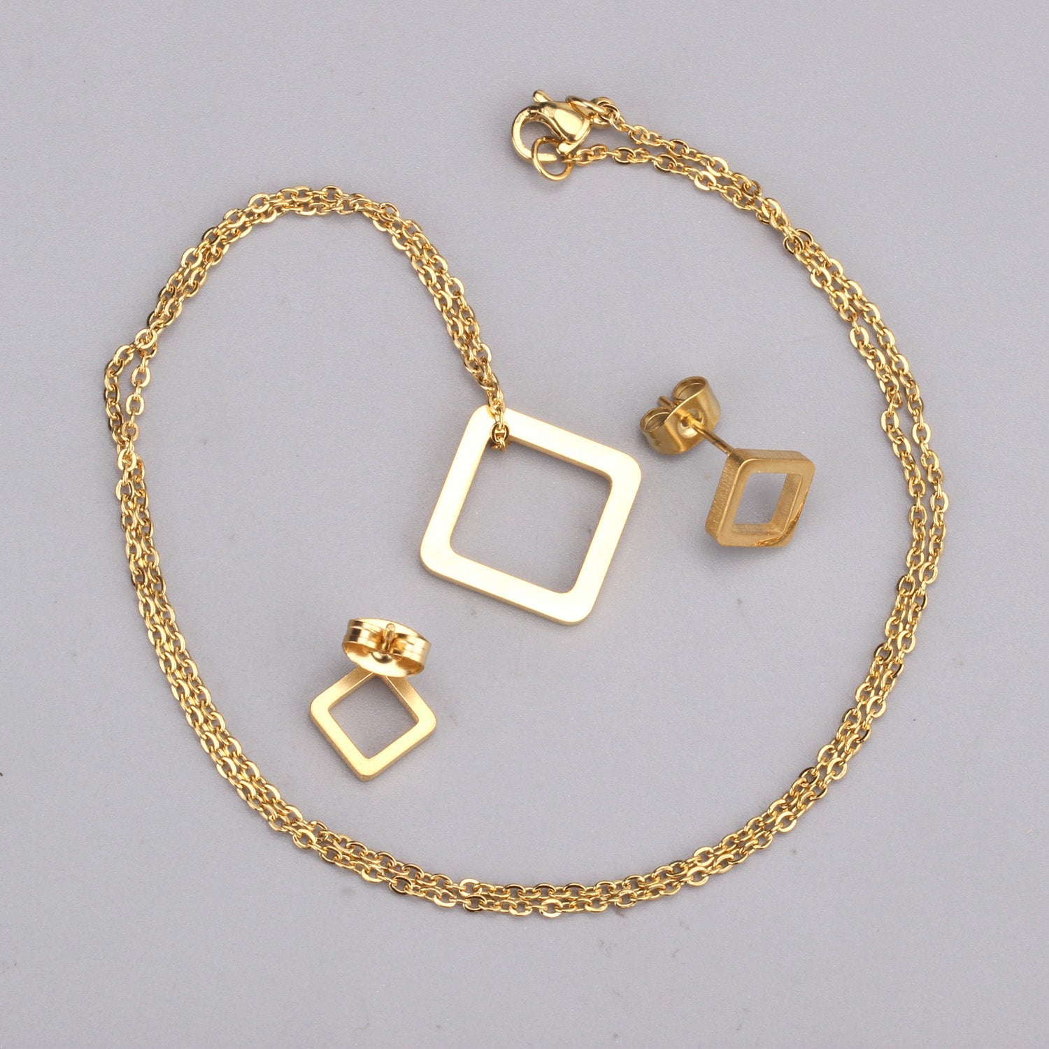 Gold/Steel Minimalist Glossy Wisp Square Jewelry Set asonjewelry