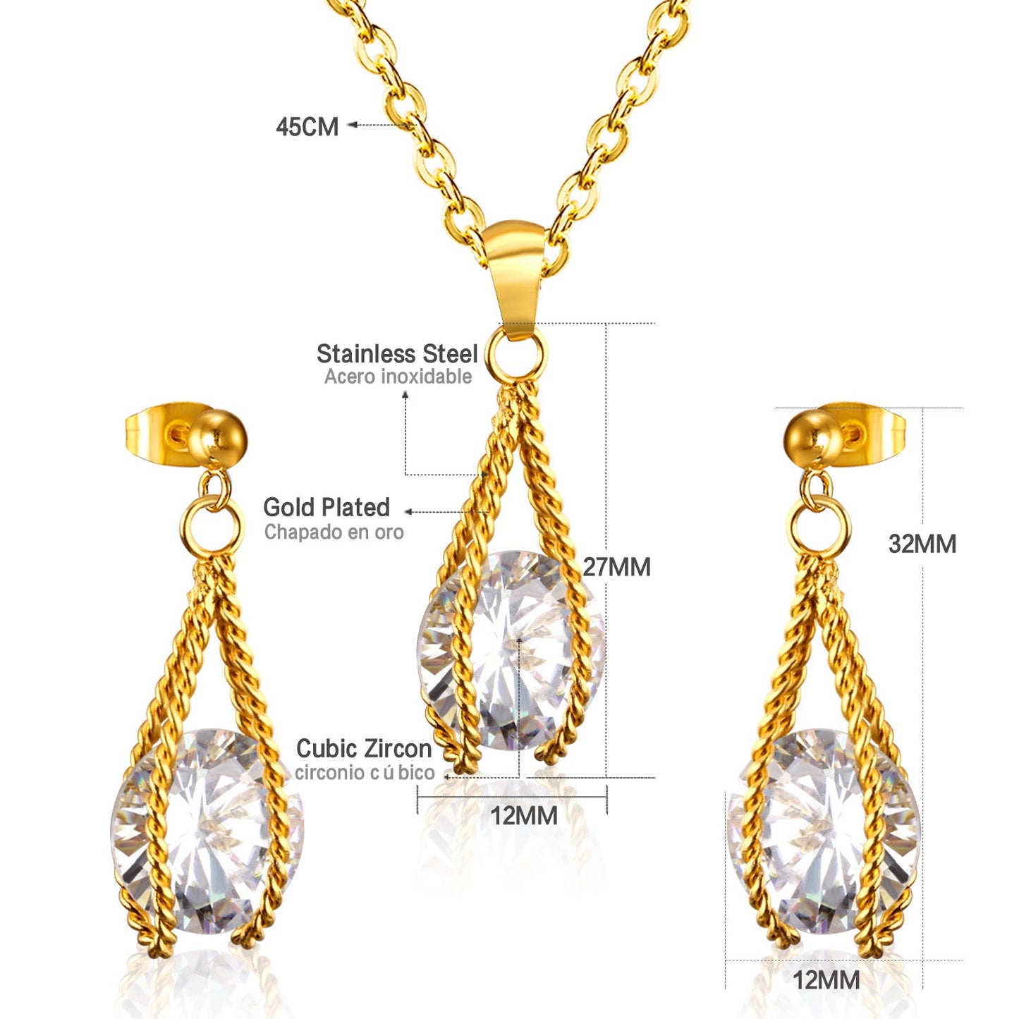 Steel/Gold Simple with Oversized Zircon Pendant Jewelry Set asonjewelry