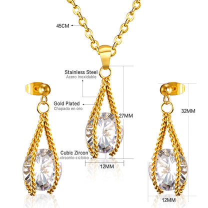 Steel/Gold Simple with Oversized Zircon Pendant Jewelry Set asonjewelry