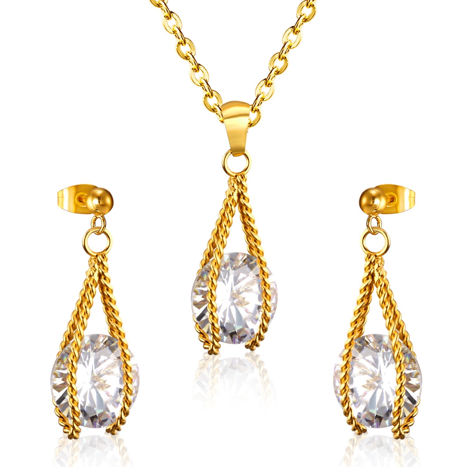 Steel/Gold Simple with Oversized Zircon Pendant Jewelry Set asonjewelry
