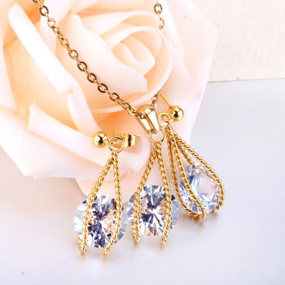 Steel/Gold Simple with Oversized Zircon Pendant Jewelry Set asonjewelry