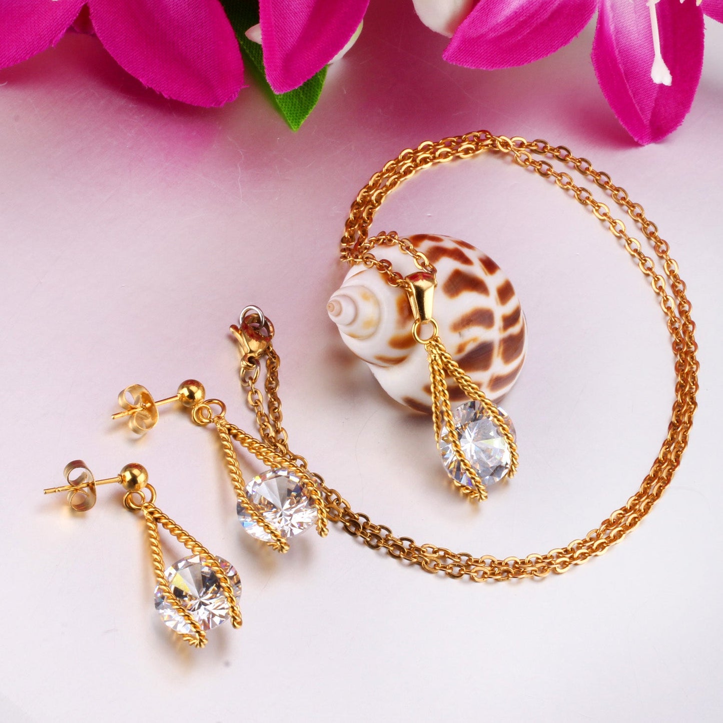 Steel/Gold Simple with Oversized Zircon Pendant Jewelry Set asonjewelry