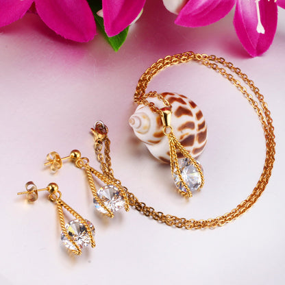 Steel/Gold Simple with Oversized Zircon Pendant Jewelry Set asonjewelry