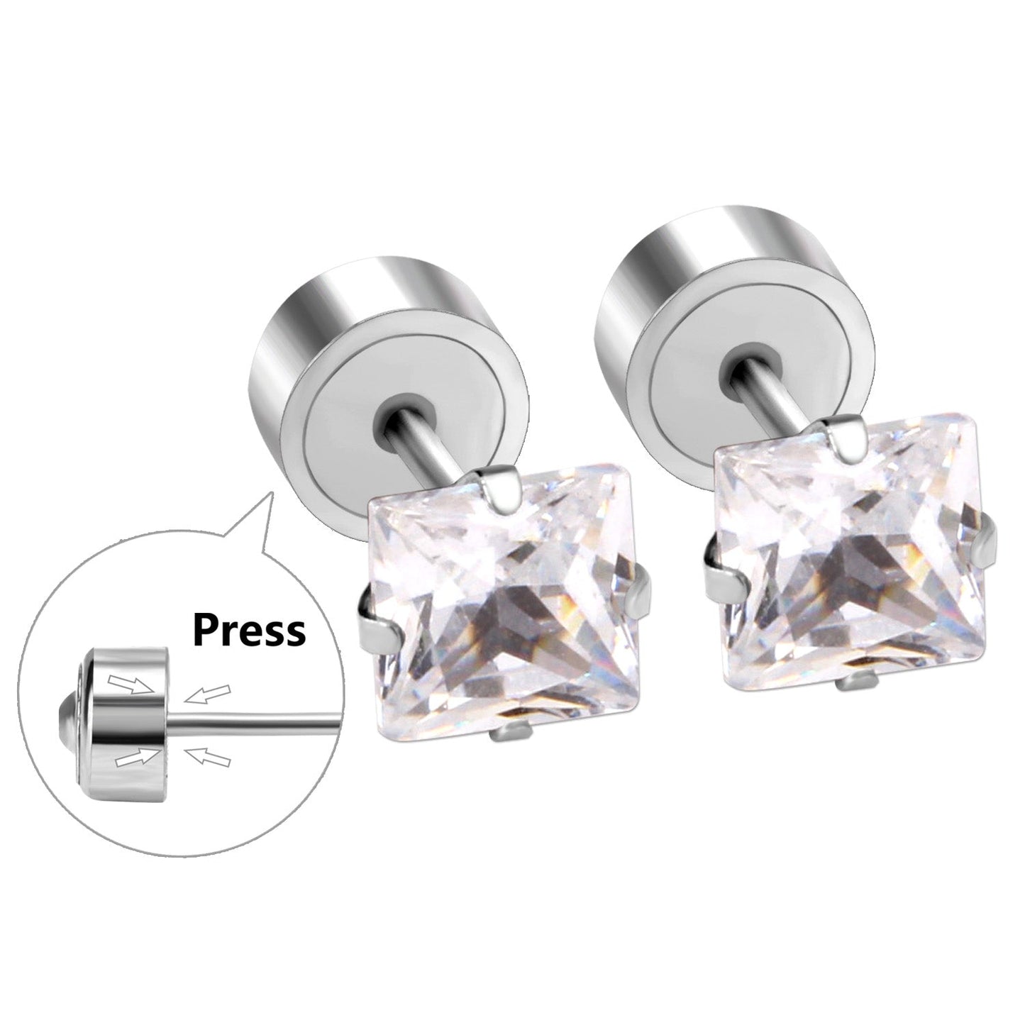 3mm - 5mm Steel Color Square Diamond Tap Plug Earrings asonjewelry