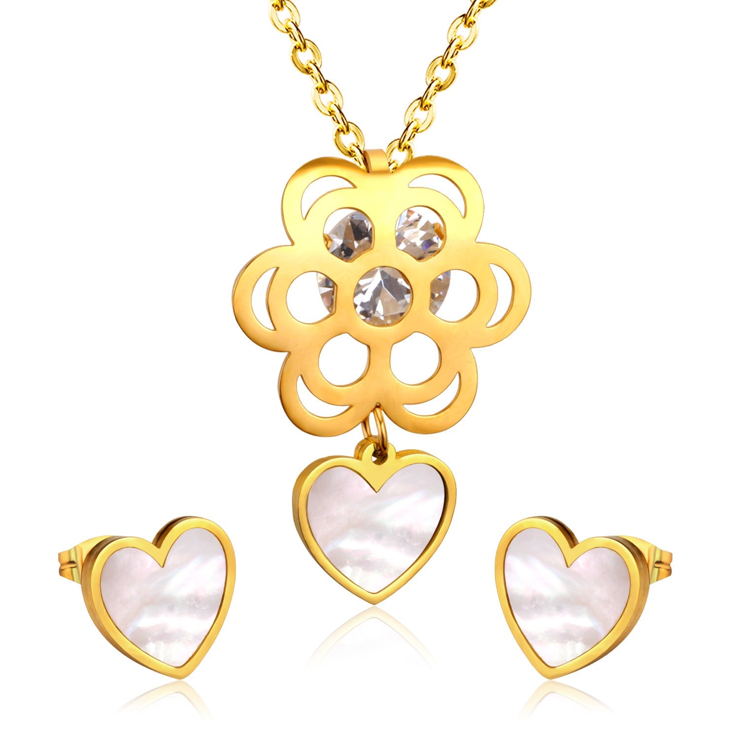 Golden Flower with Heart Pendant Surface Mounted Shells Jewelry Set asonjewelry
