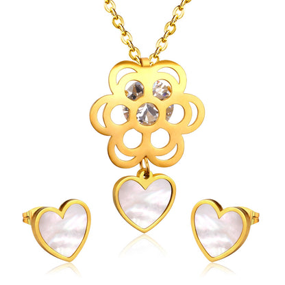Golden Flower with Heart Pendant Surface Mounted Shells Jewelry Set asonjewelry