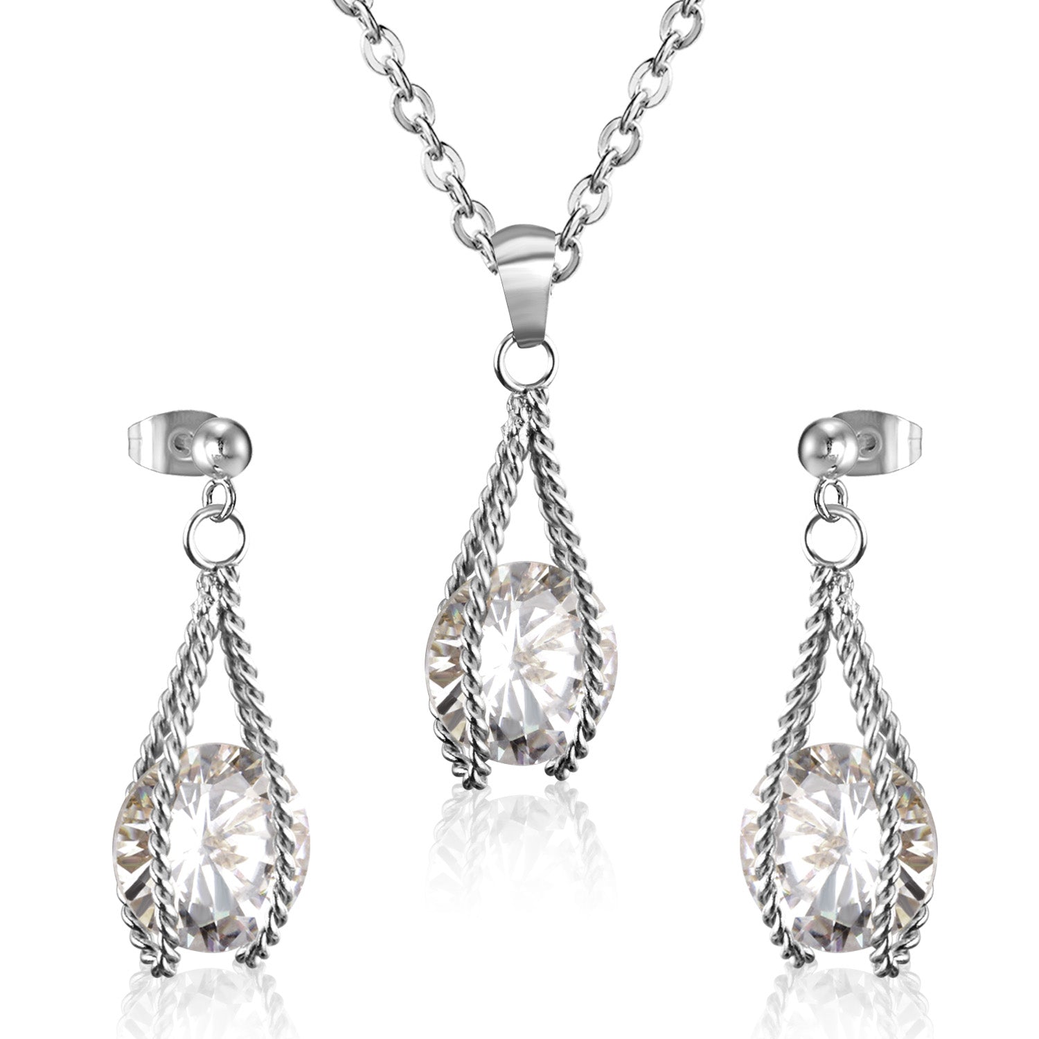 Steel/Gold Simple with Oversized Zircon Pendant Jewelry Set asonjewelry