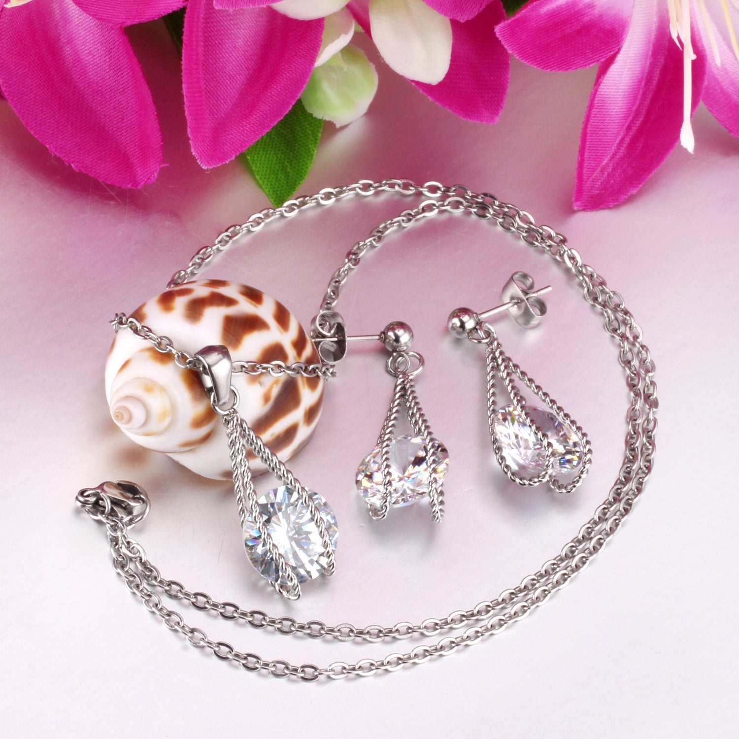 Steel/Gold Simple with Oversized Zircon Pendant Jewelry Set asonjewelry