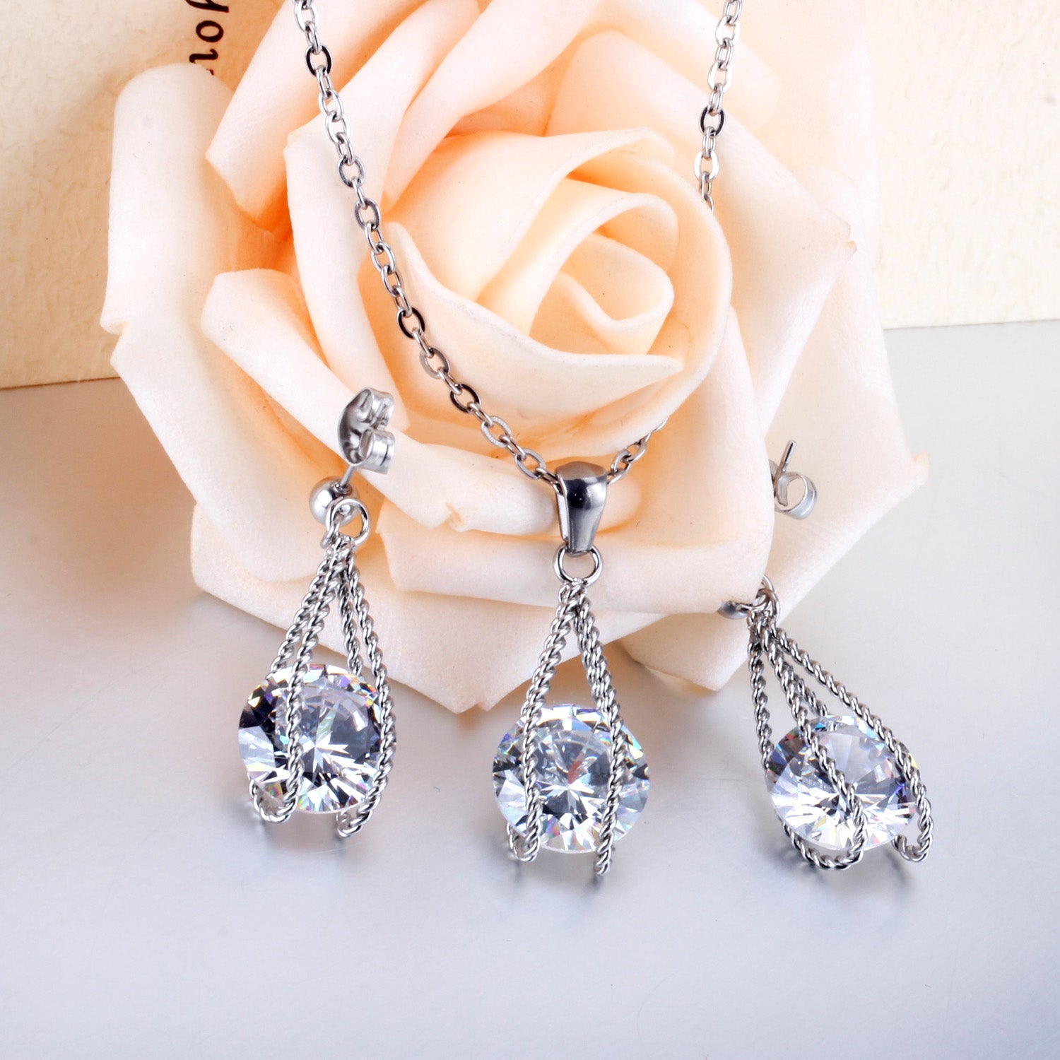 Steel/Gold Simple with Oversized Zircon Pendant Jewelry Set asonjewelry