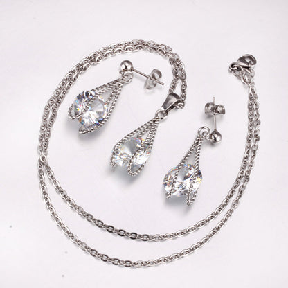 Steel/Gold Simple with Oversized Zircon Pendant Jewelry Set asonjewelry