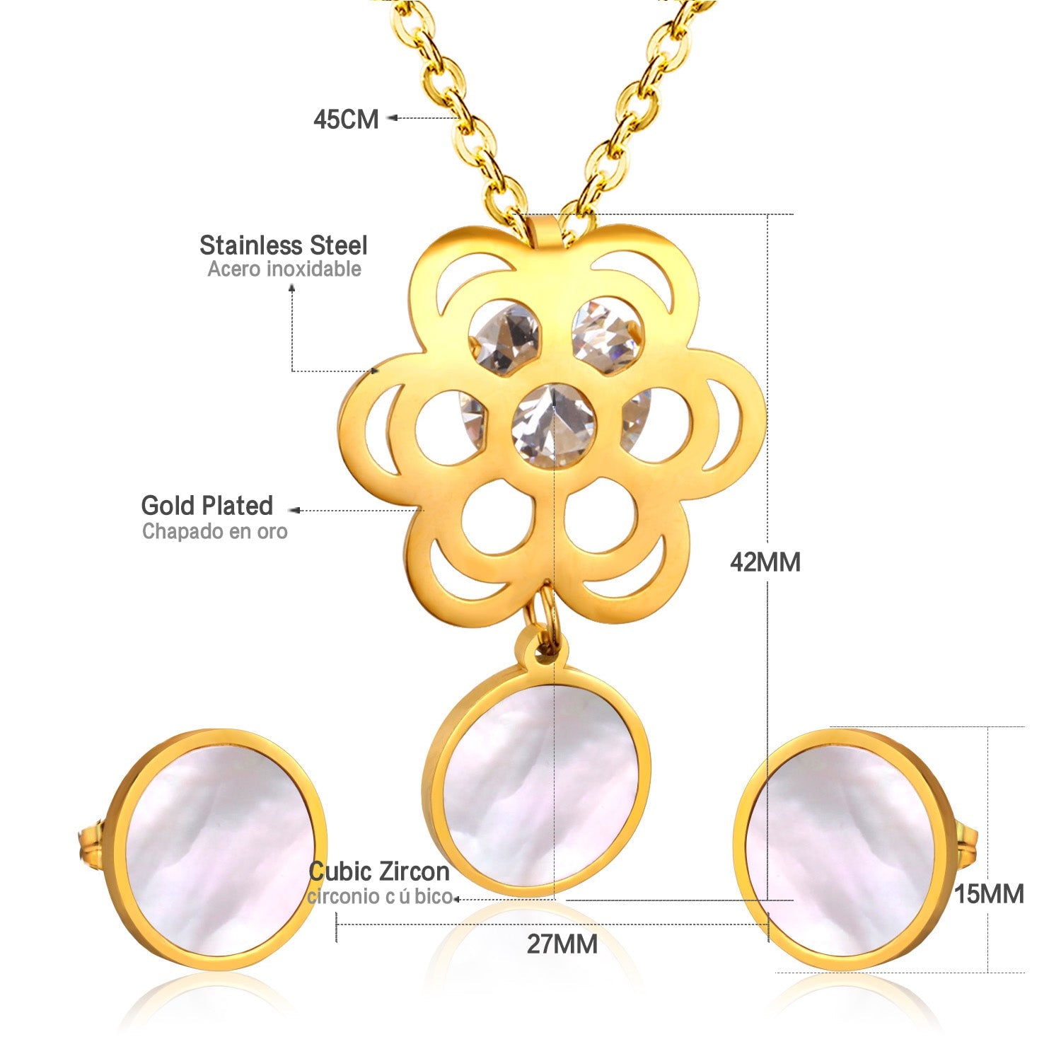Golden Flower with Round Pendant Surface Set with Seashells Jewelry asonjewelry