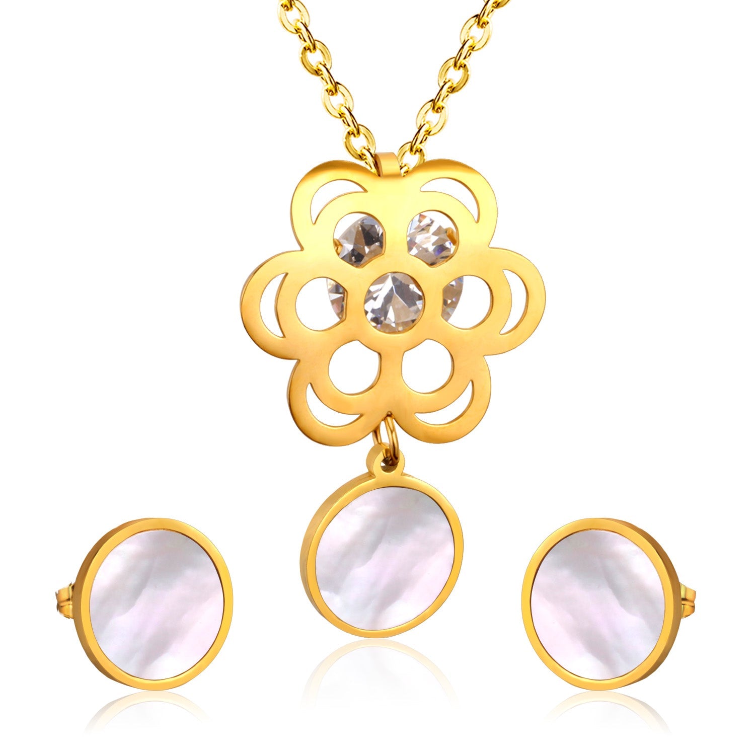 Golden Flower with Round Pendant Surface Set with Seashells Jewelry asonjewelry